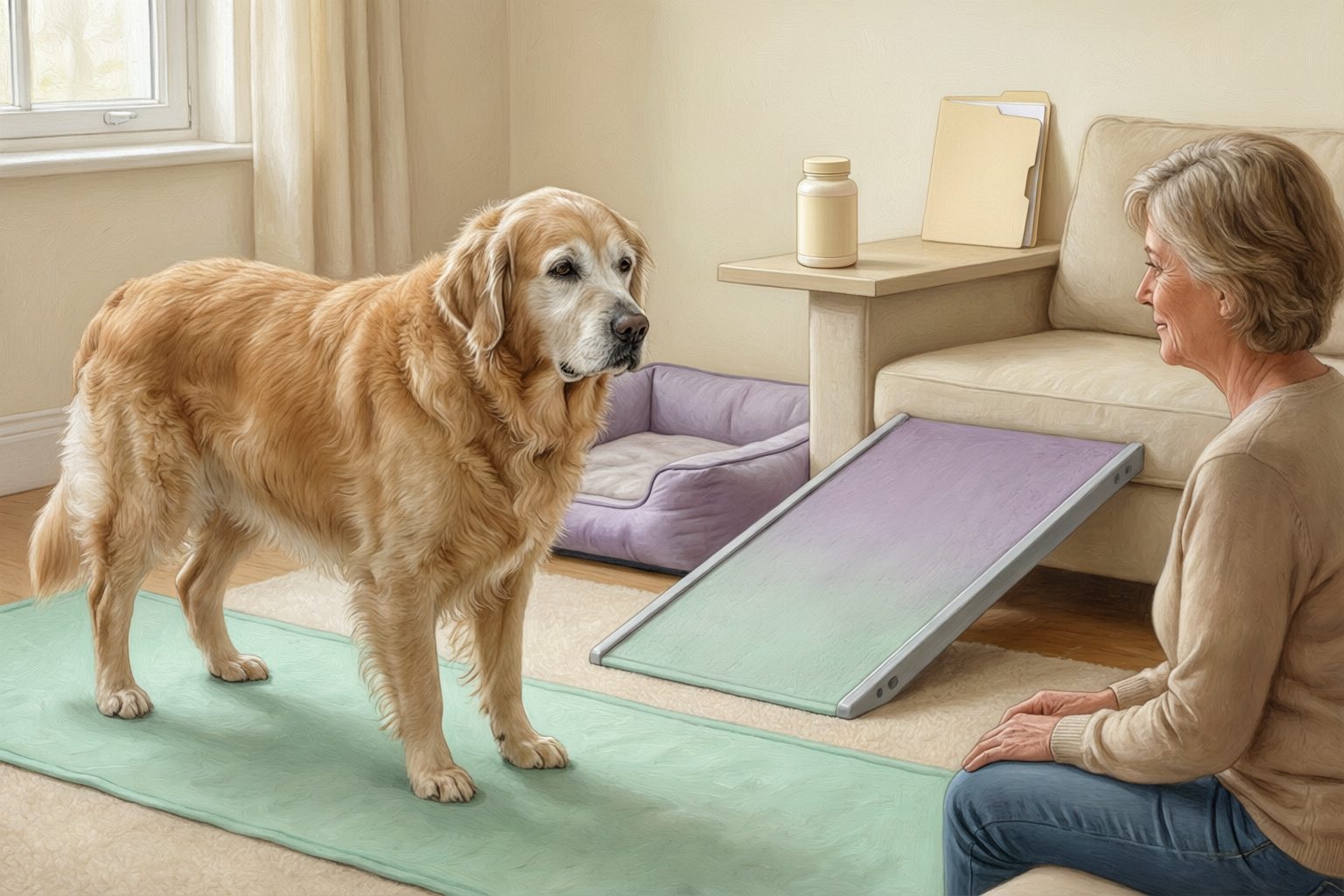 Illustration of a gray-muzzled golden retriever standing on a floor runner beside a bed and a ramp to an armchair, with a seated person nearby and a plain bottle on a side table.