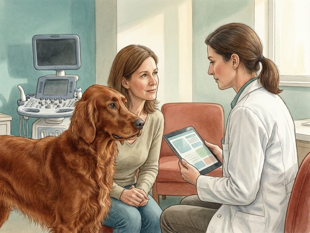 Illustration of a veterinarian showing a tablet to a dog owner beside a reddish-brown dog, with an ultrasound machine behind them.