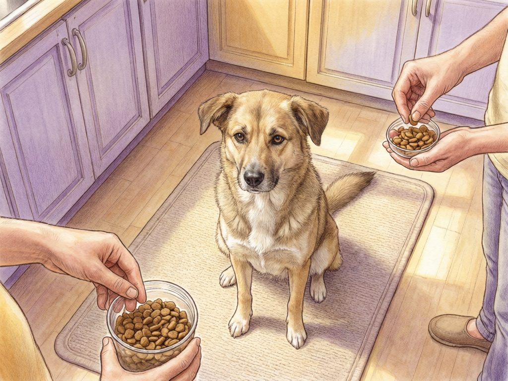 Illustration of a tan dog sitting on a kitchen mat while two people hold separate bowls of kibble.