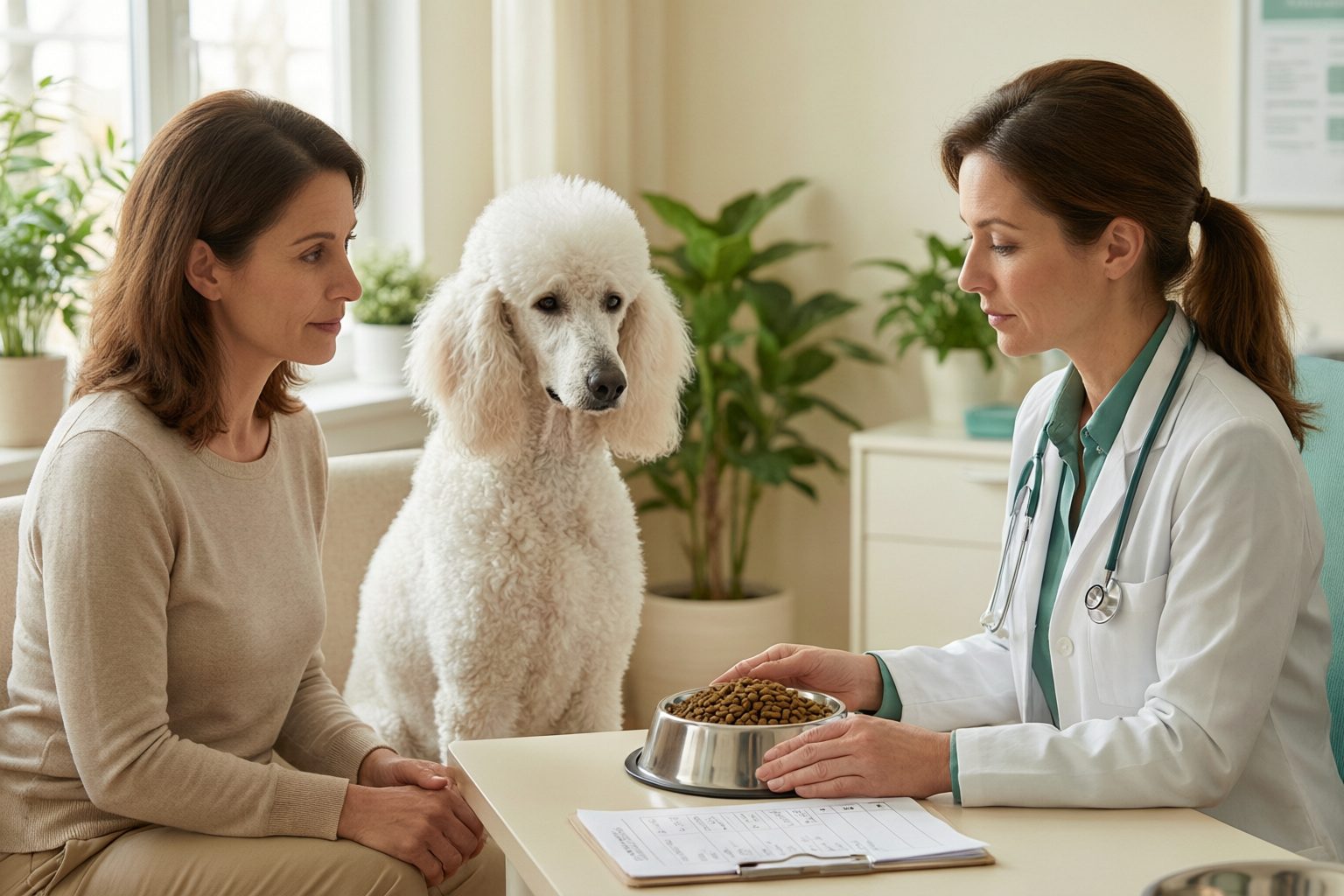 Illustration of a veterinarian holding a bowl of kibble while discussing food with a dog owner and a white poodle.