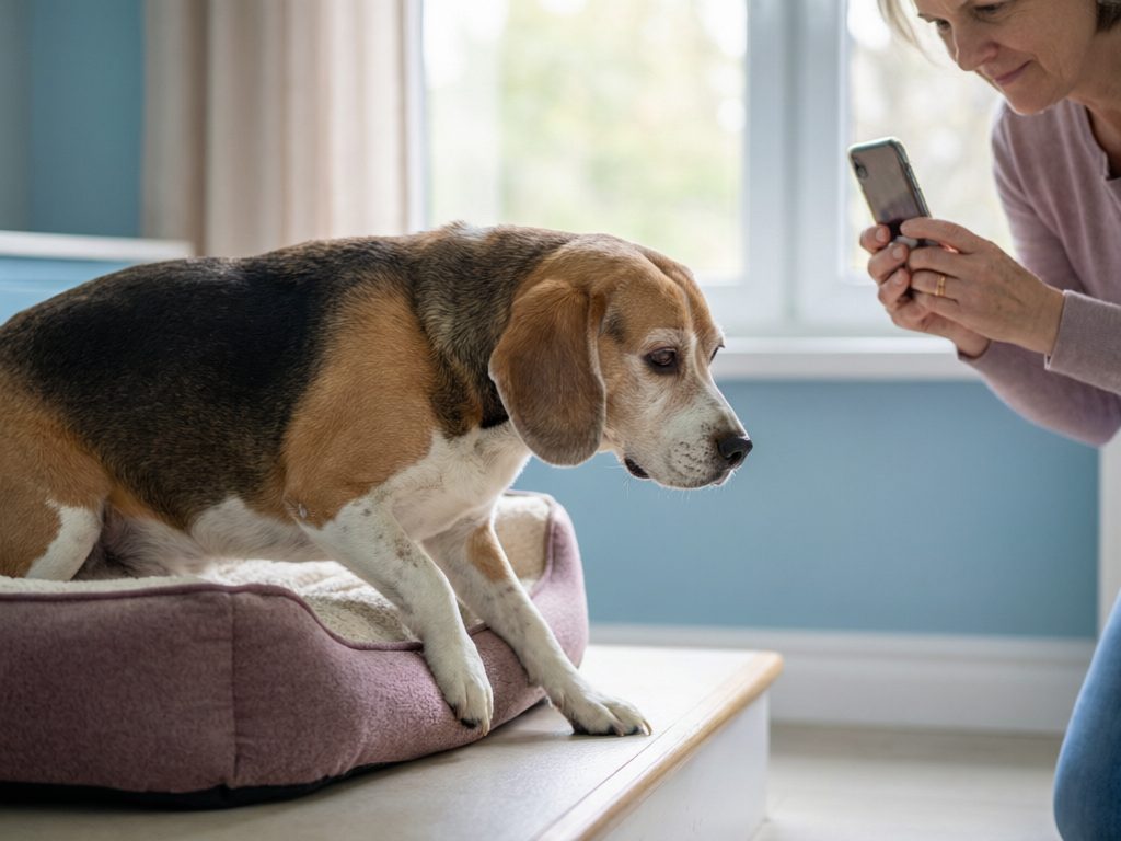 Illustration of a beagle leaning forward from a padded bed while a person holds a phone toward the dog.