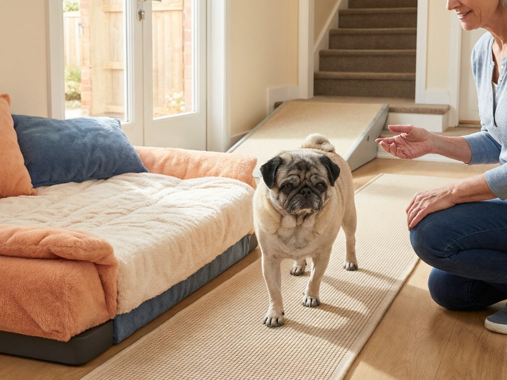 Illustration of a pug standing on a floor runner beside a cushioned bed and a ramp, with a person kneeling nearby.