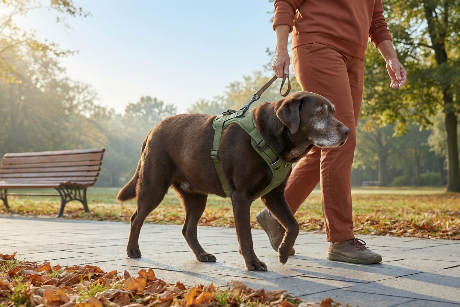 Illustration of a gray-muzzled brown dog walking on a paved park path beside a person, wearing a green harness and leash.
