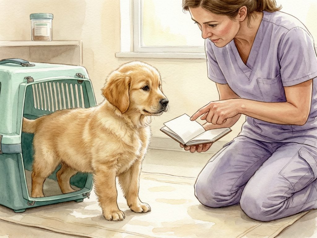 Illustration of a golden puppy stepping out of a carrier while a veterinary worker kneels beside it and points to an open notebook.