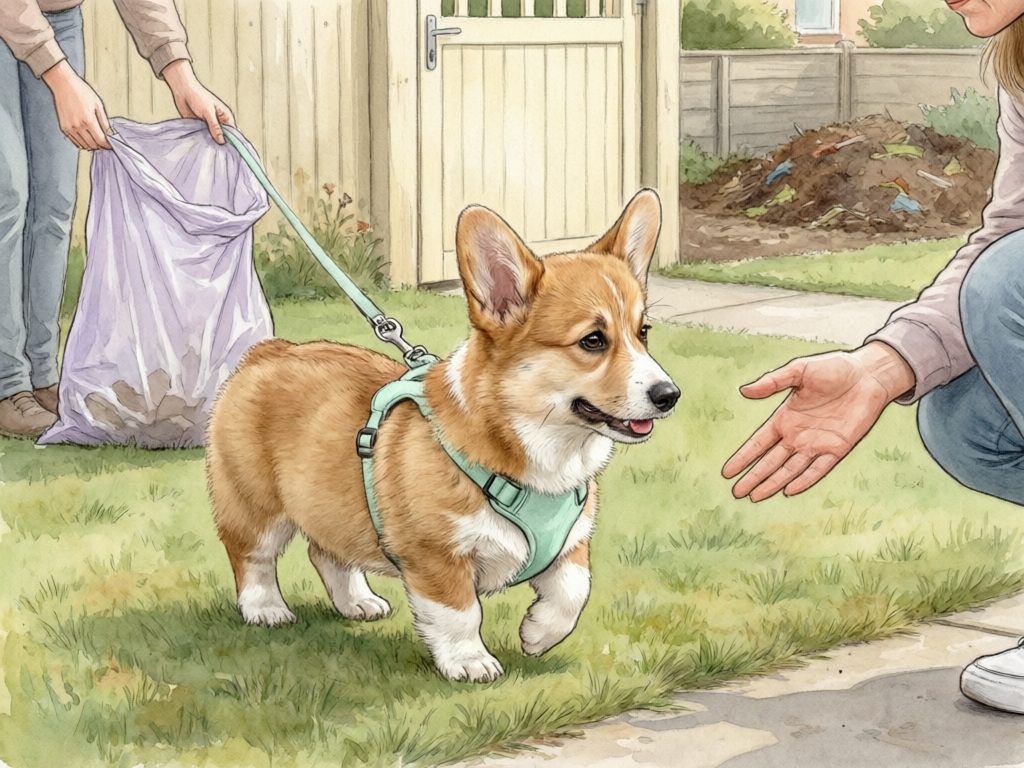 Illustration of a corgi puppy on a harness and leash approaching a person's open hand while another person holds a cleanup bag, with a compost pile in the background.