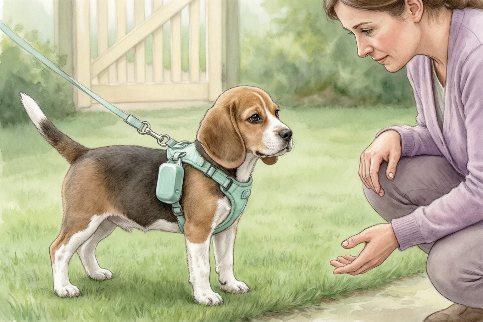 Illustration of a beagle puppy wearing a harness and leash on grass while a crouching caregiver extends an open hand.