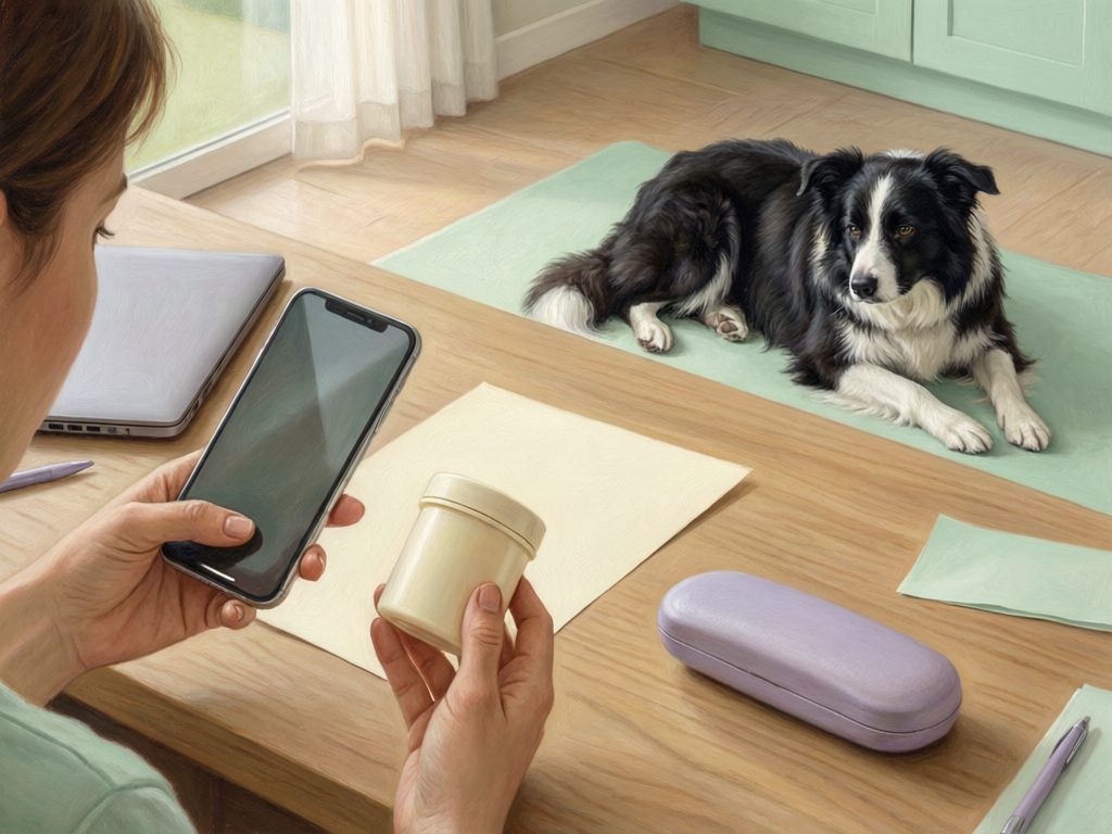 Illustration of a person holding a phone and a plain closed tub while a black-and-white dog rests on a mat.
