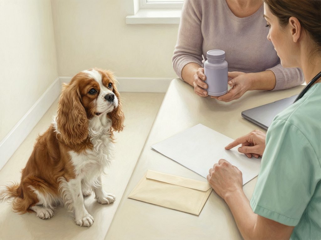 Illustration of a dog owner holding a closed bottle while a veterinary professional points to paperwork beside a spaniel.