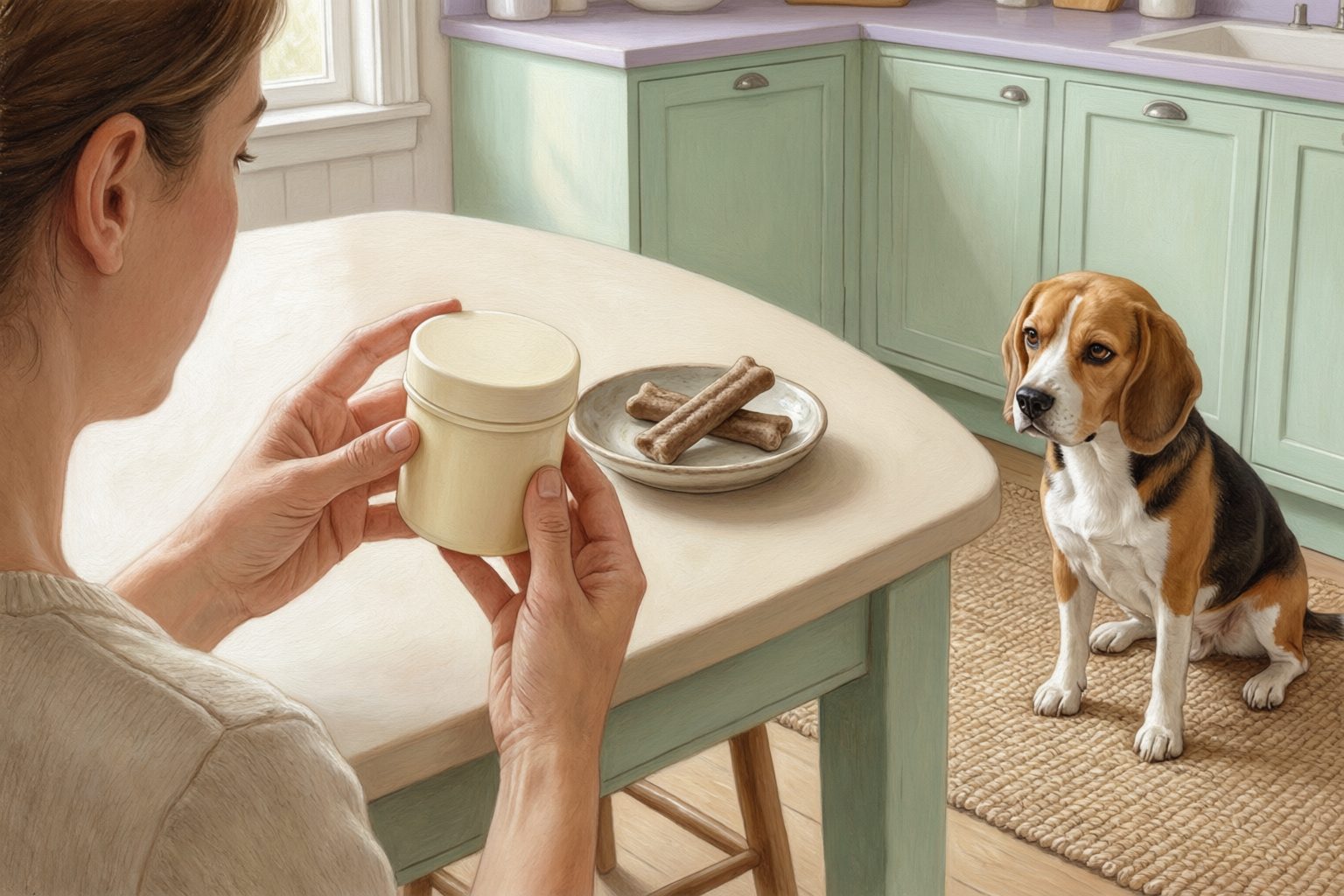 Illustration of a person examining a plain closed tub beside a plate of bone-shaped chews and a beagle.