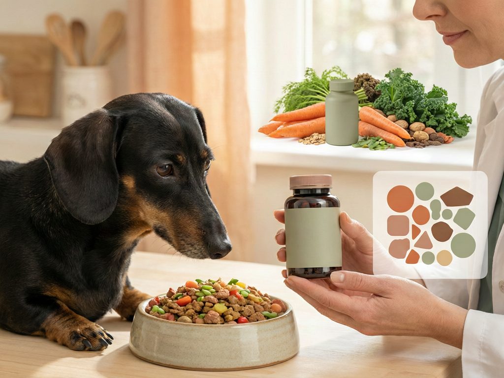 Illustration of a dachshund beside a bowl of kibble with vegetable-like additions, a person holding a bottle, and abstract nutrient and ingredient graphics.