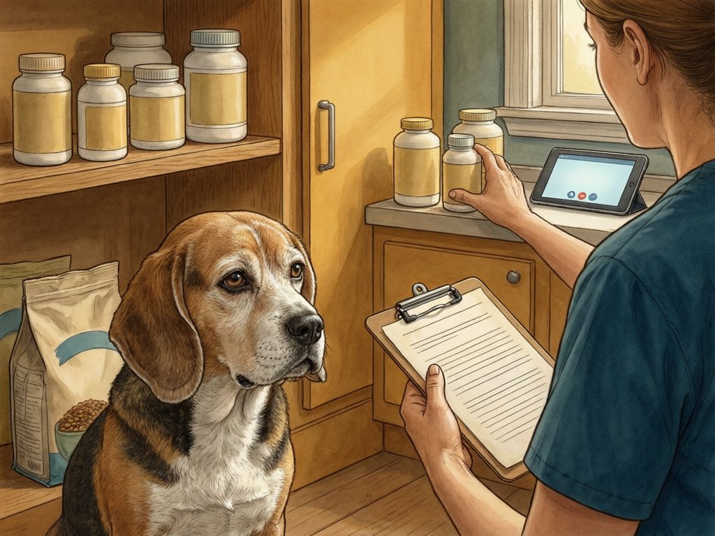 Illustration of a beagle beside a cupboard of supplement containers while a person holds a clipboard and bottle, with a tablet nearby.