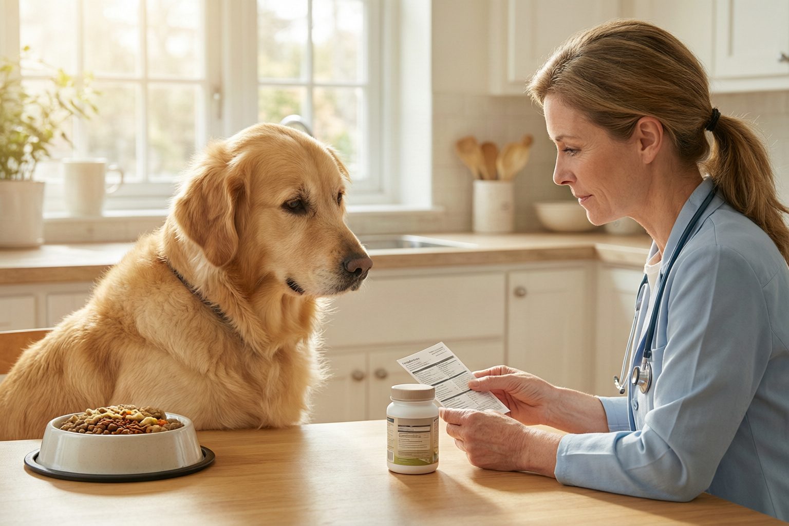 Illustration of a golden retriever beside a veterinarian reviewing a label sheet, with a supplement bottle and food bowl nearby.