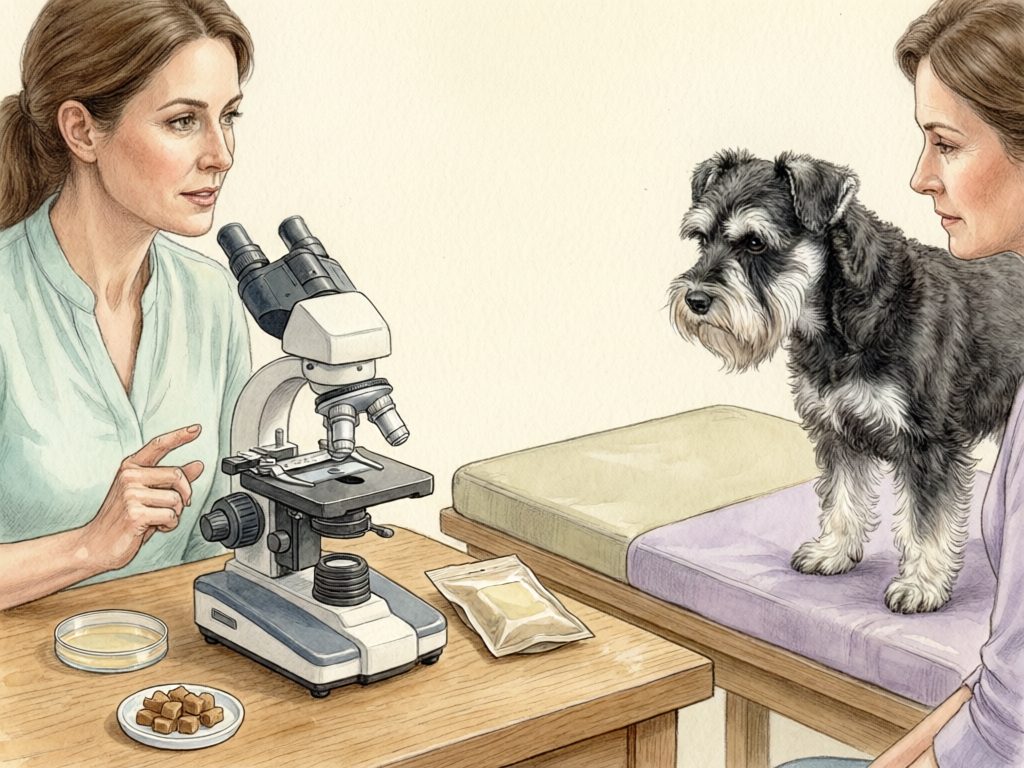 Illustration of a veterinary consultation with a schnauzer, microscope, petri dish, plain sachet, and chew pieces.