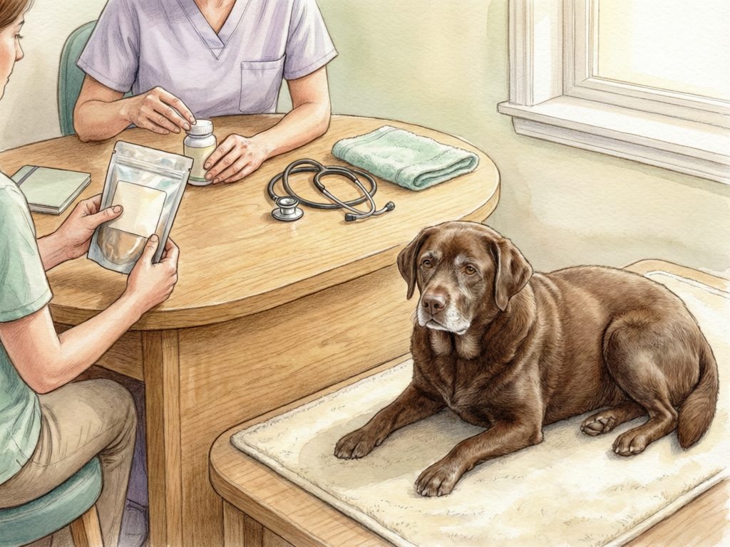 Illustration of an owner and veterinary professional reviewing containers while a brown dog rests beside the table.
