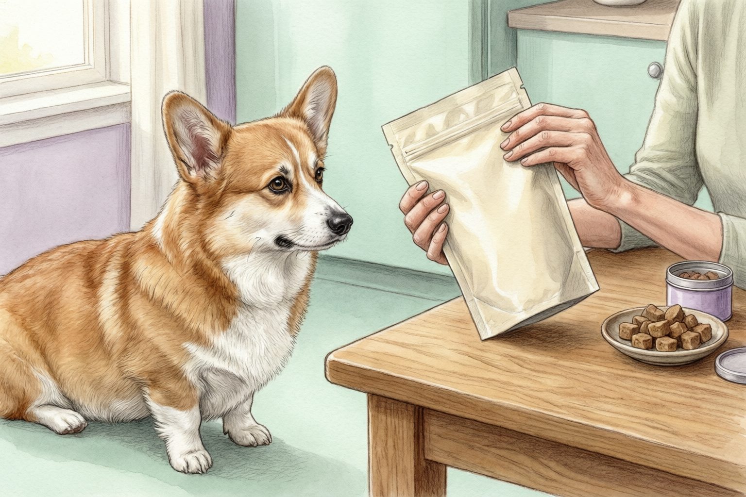 Illustration of a corgi watching an owner hold a plain pouch beside a plate and tin of brown chew pieces.