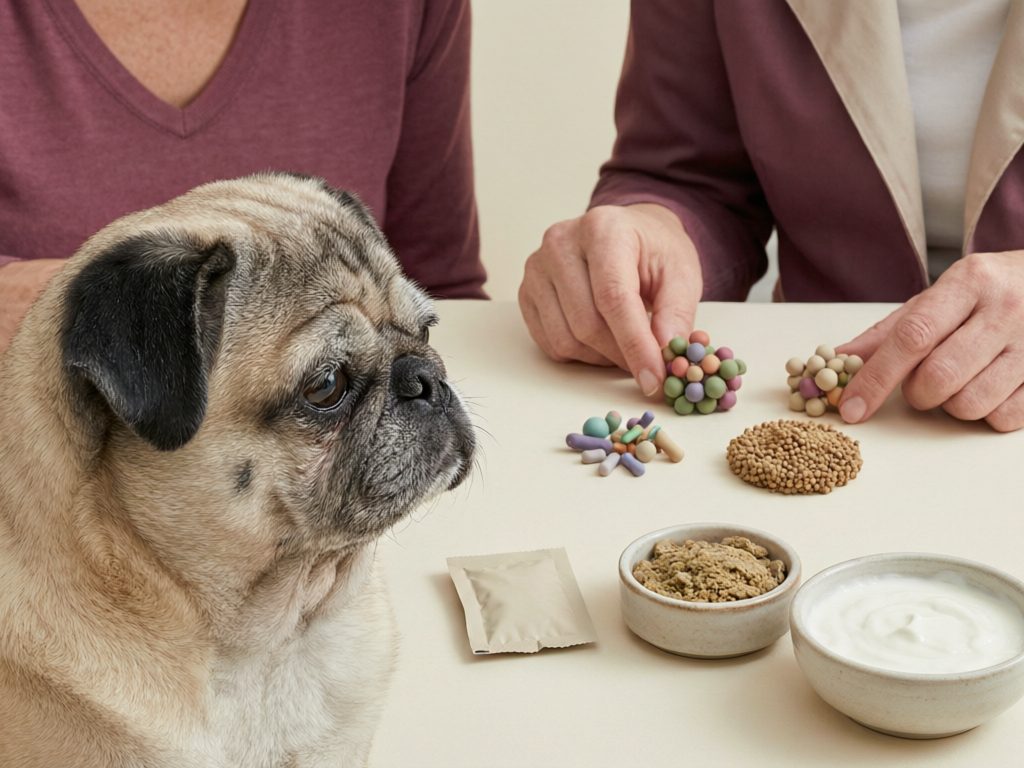 Illustration of a pug beside colorful bead-like models, a sachet, granules, and bowls of powder and a white creamy substance.