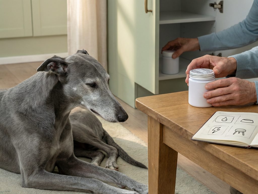Illustration of a gray sighthound resting beside a person closing a supplement jar, with an open cupboard and illustrated notebook nearby.