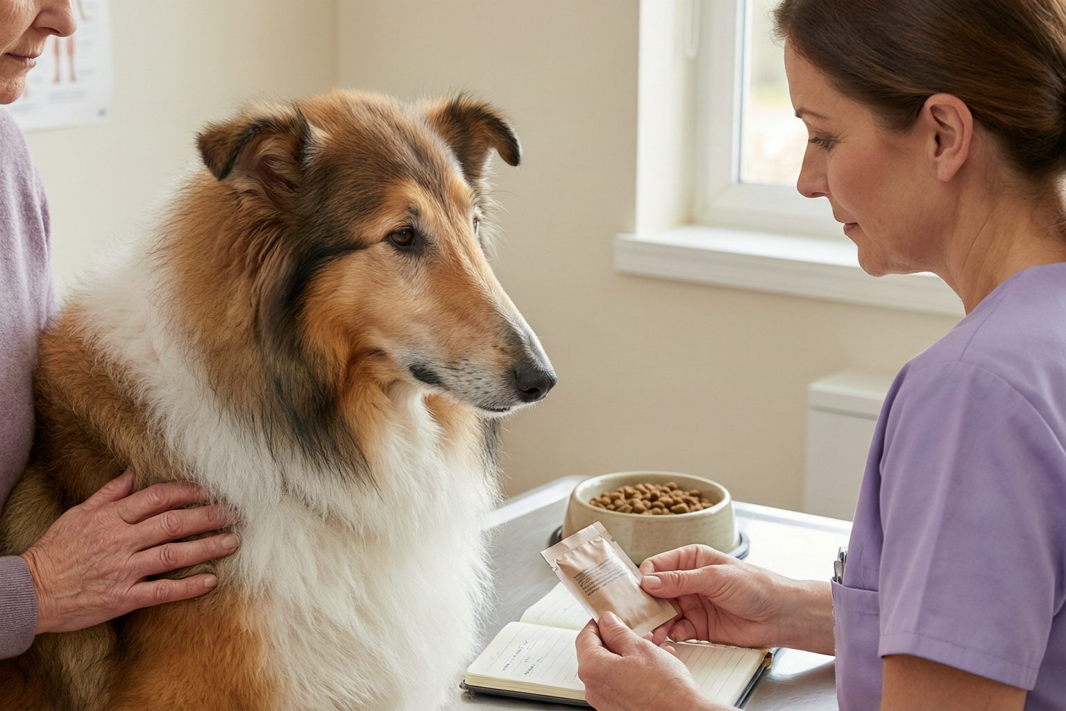 Illustration of a long-coated dog with a graying muzzle beside a caregiver and veterinary worker examining a sachet, with a notebook and kibble nearby.