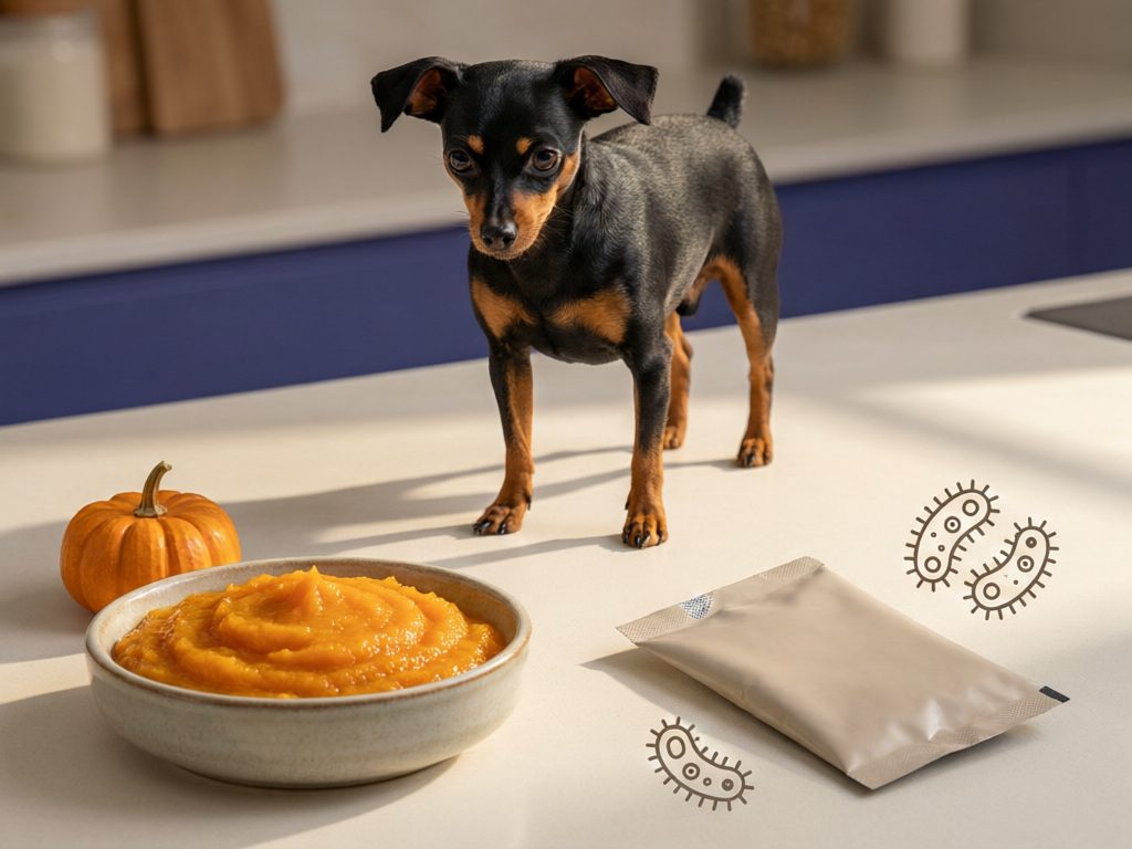 Small black-and-tan dog behind pumpkin puree and a plain sachet, with illustrated microbe symbols nearby.
