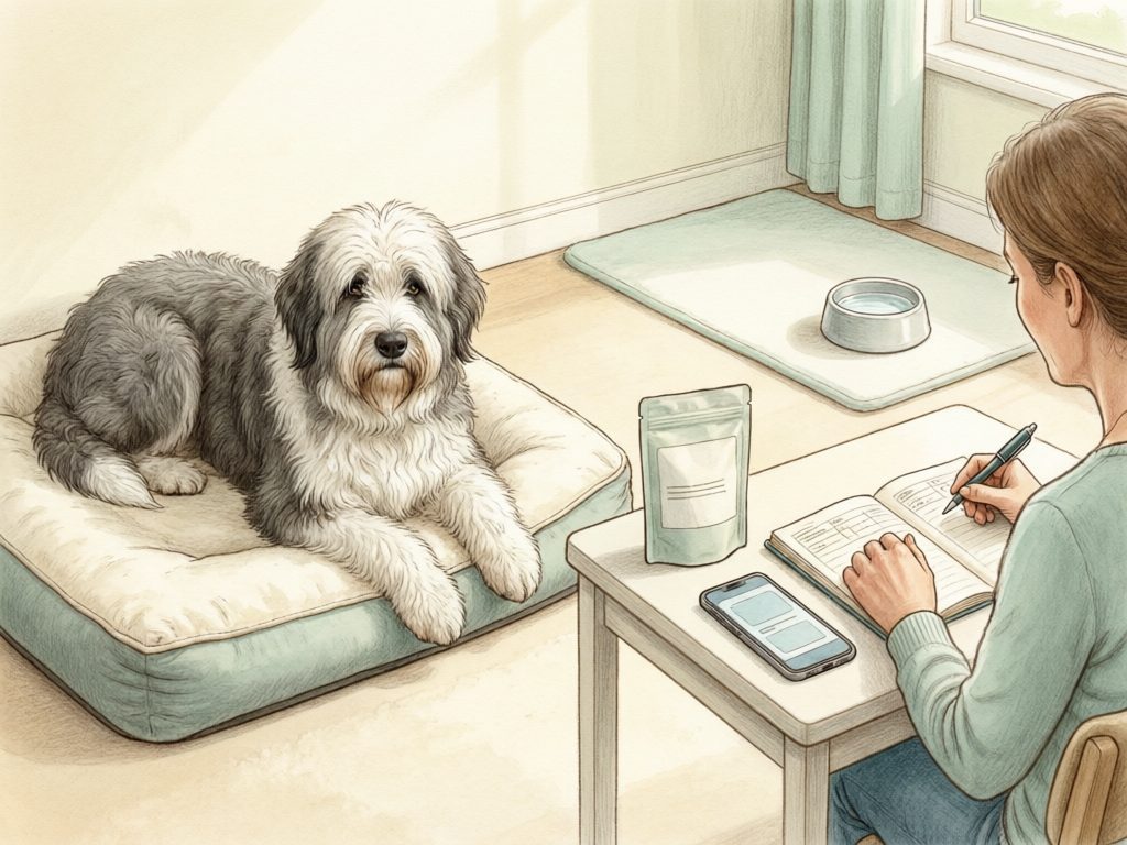Caregiver recording daily observations at a desk while a shaggy dog rests on a clean bed near a water bowl.