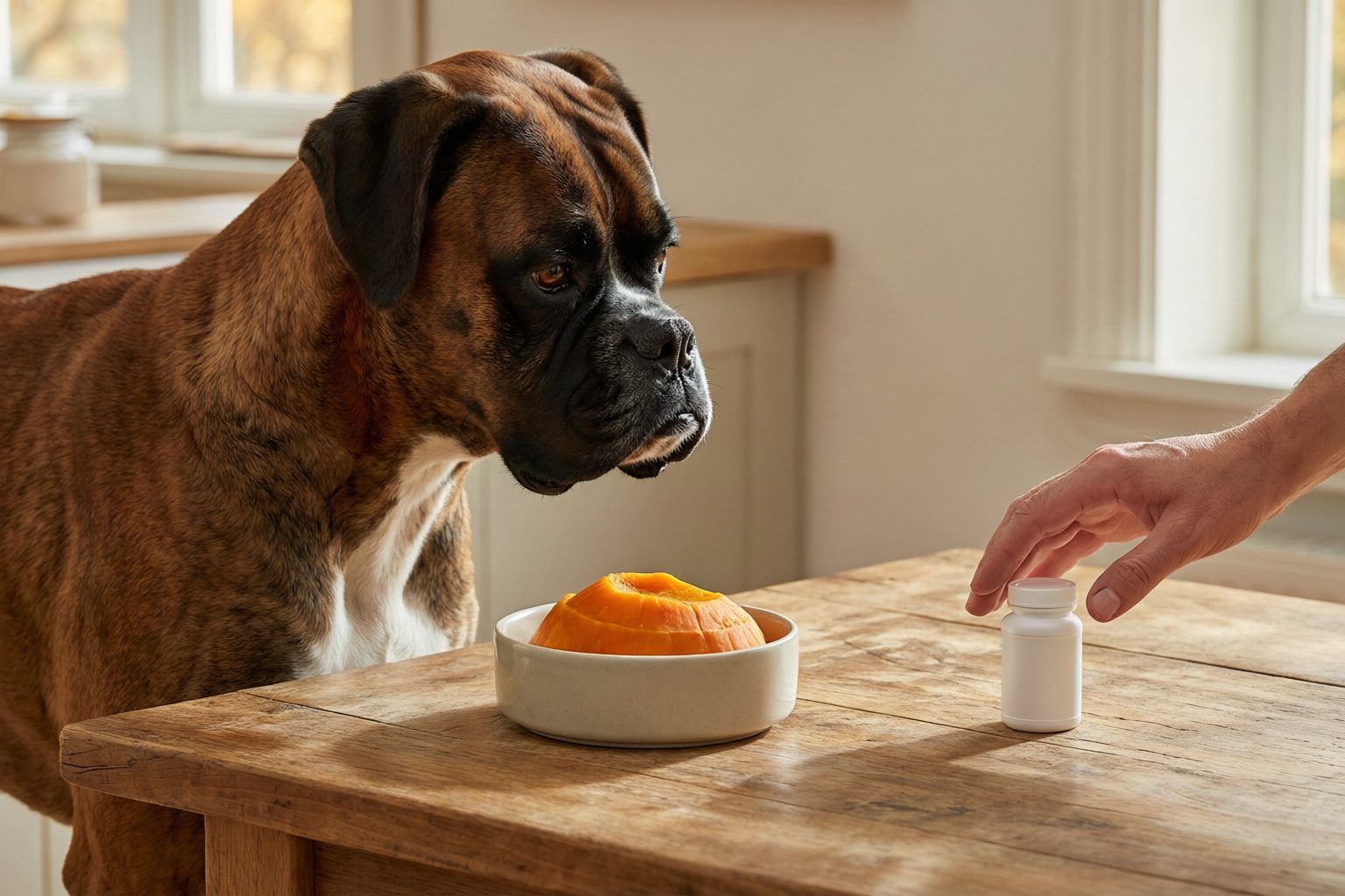 Boxer watching a person reach for a small white container beside a bowl holding pumpkin.