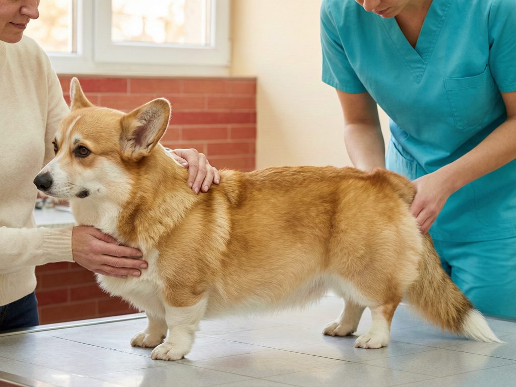 Corgi standing on an examination table while a veterinary professional checks its rear and an owner supports its chest.