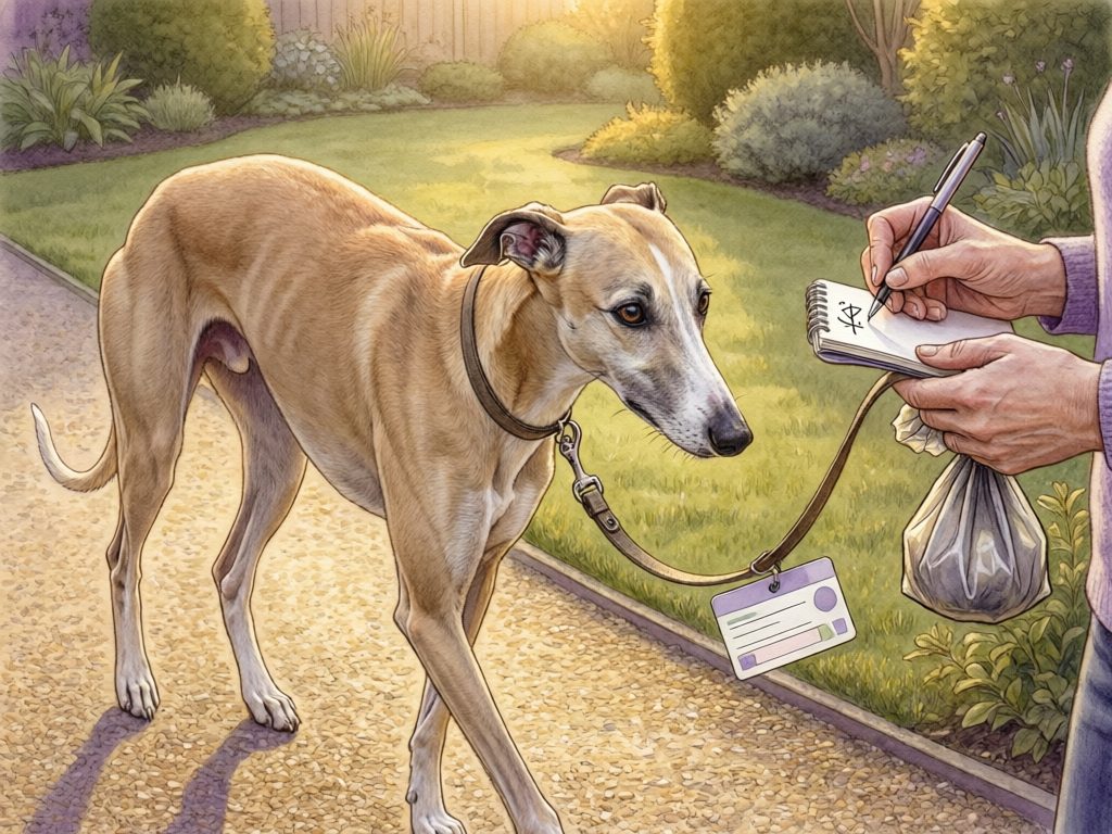 Illustration of an owner taking notes beside a leashed whippet while holding a tied waste bag.