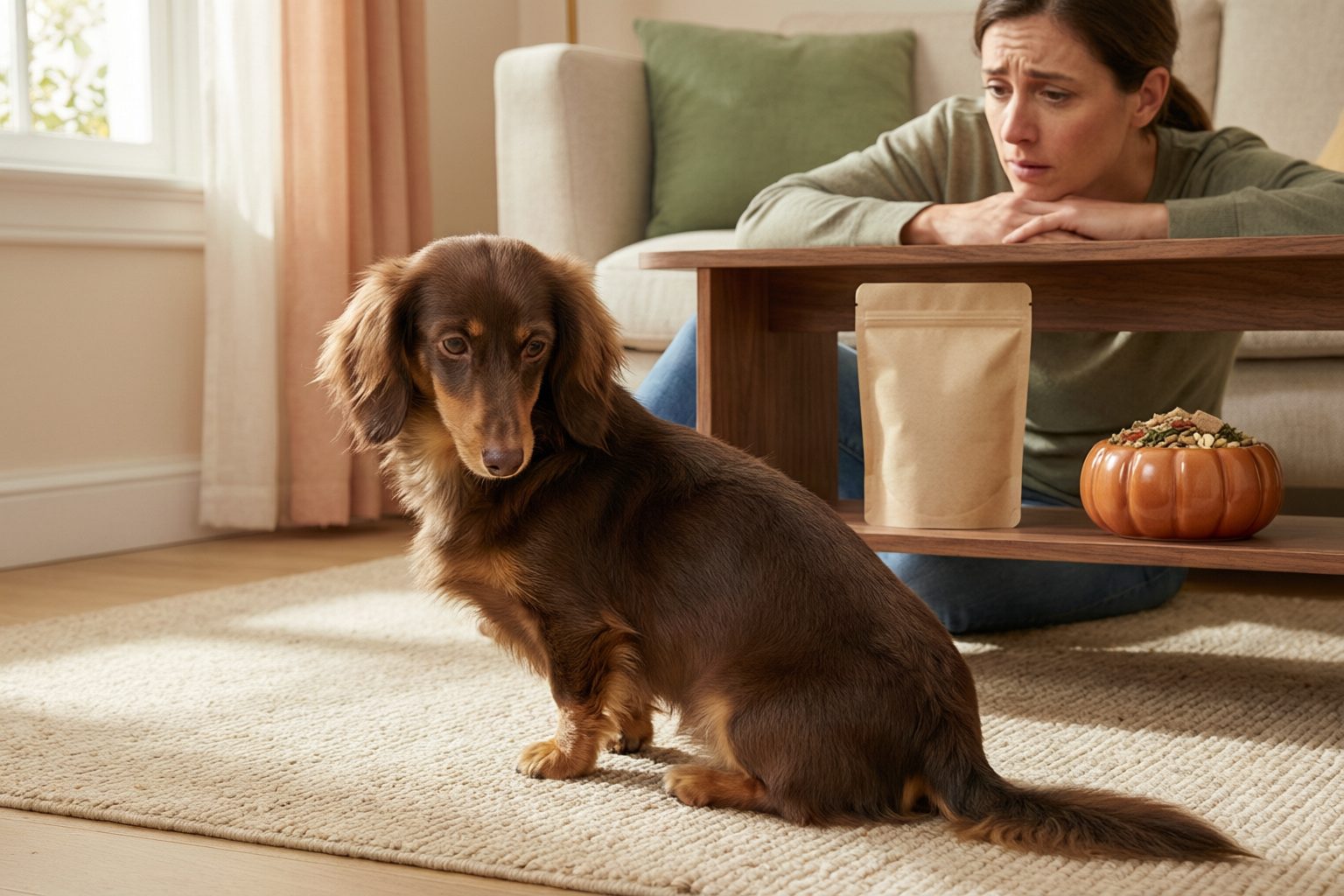 Long-haired dachshund sitting on a rug near an owner, a plain pouch, and a pumpkin-shaped bowl.