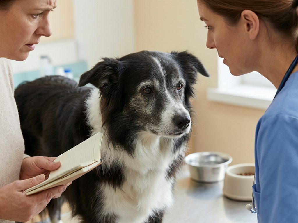Gray-muzzled black-and-white dog with an owner holding a notebook during a veterinary consultation.