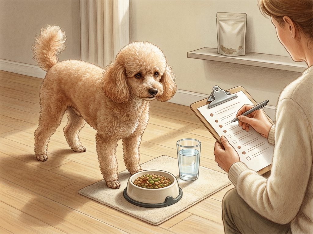 Illustration of an owner completing a checklist beside a poodle, a food bowl, and a glass of water.