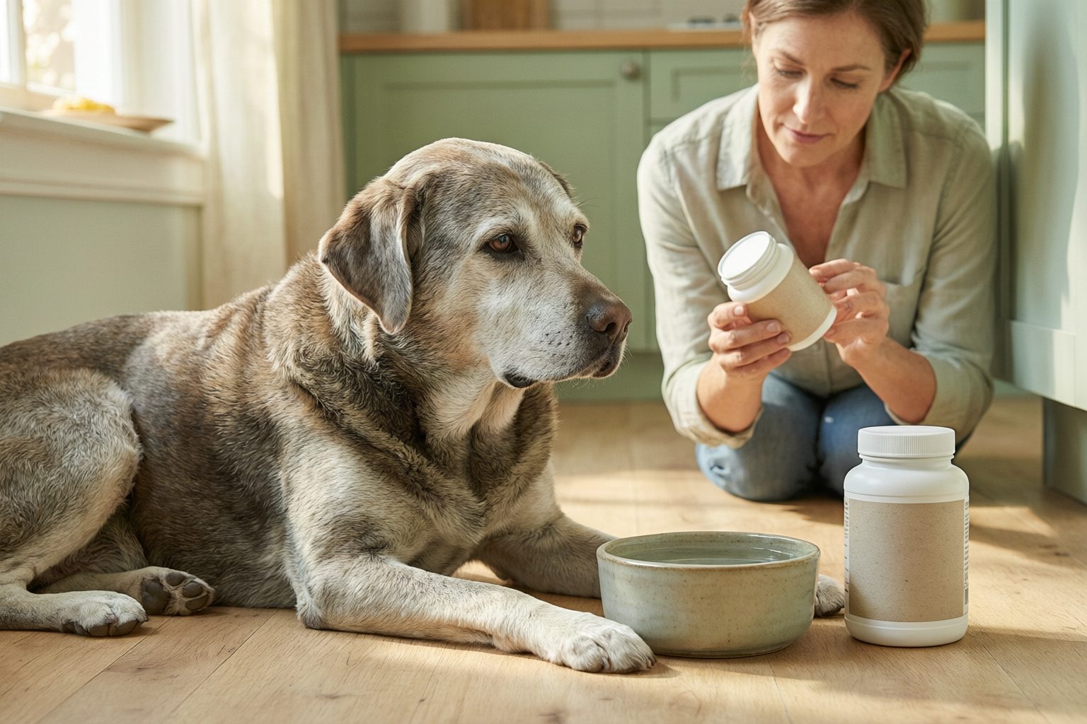 Gray-muzzled dog resting beside a water bowl while an owner examines a supplement container.