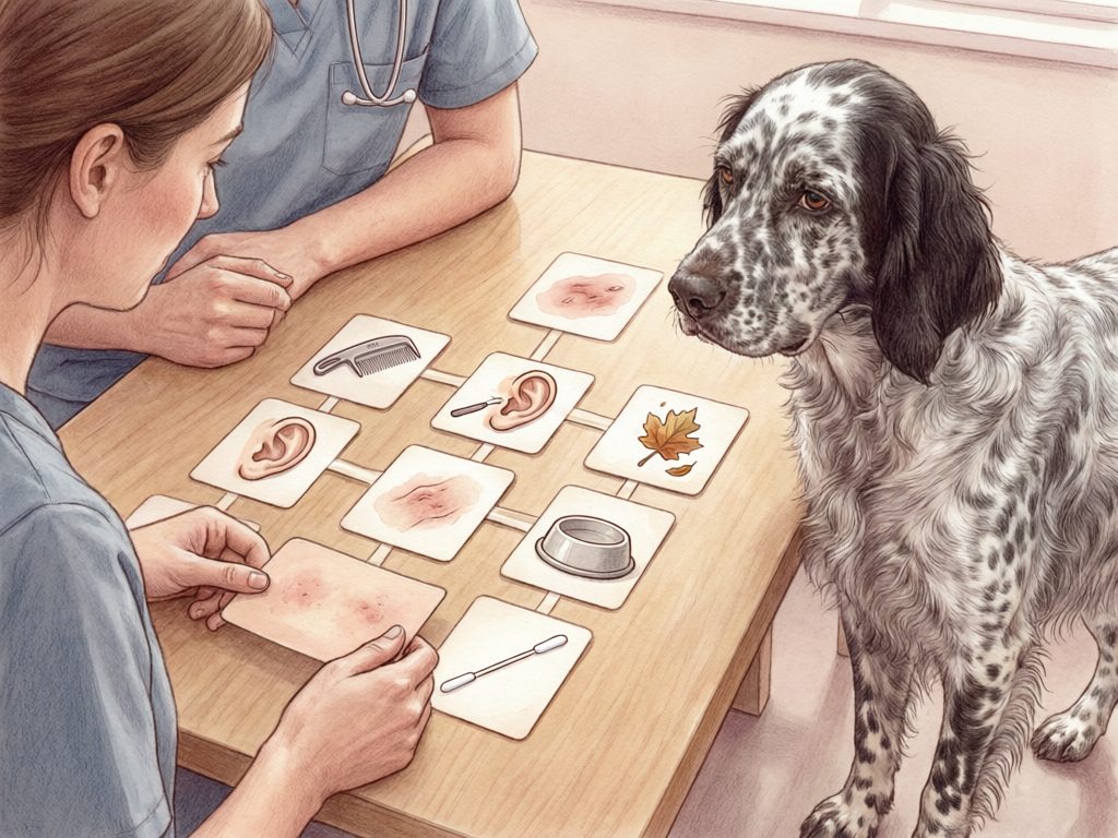 Illustration of a spotted spaniel beside a veterinarian and caregiver reviewing cards depicting skin, ears, a food bowl, leaf, comb, and swab.