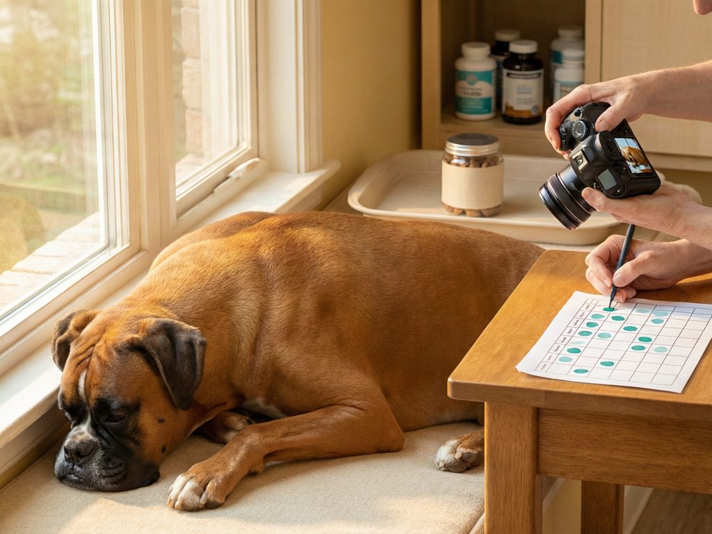 Illustration of a boxer resting by a window while a caregiver holds a camera and marks a tracking chart, with supplement jars in the background.