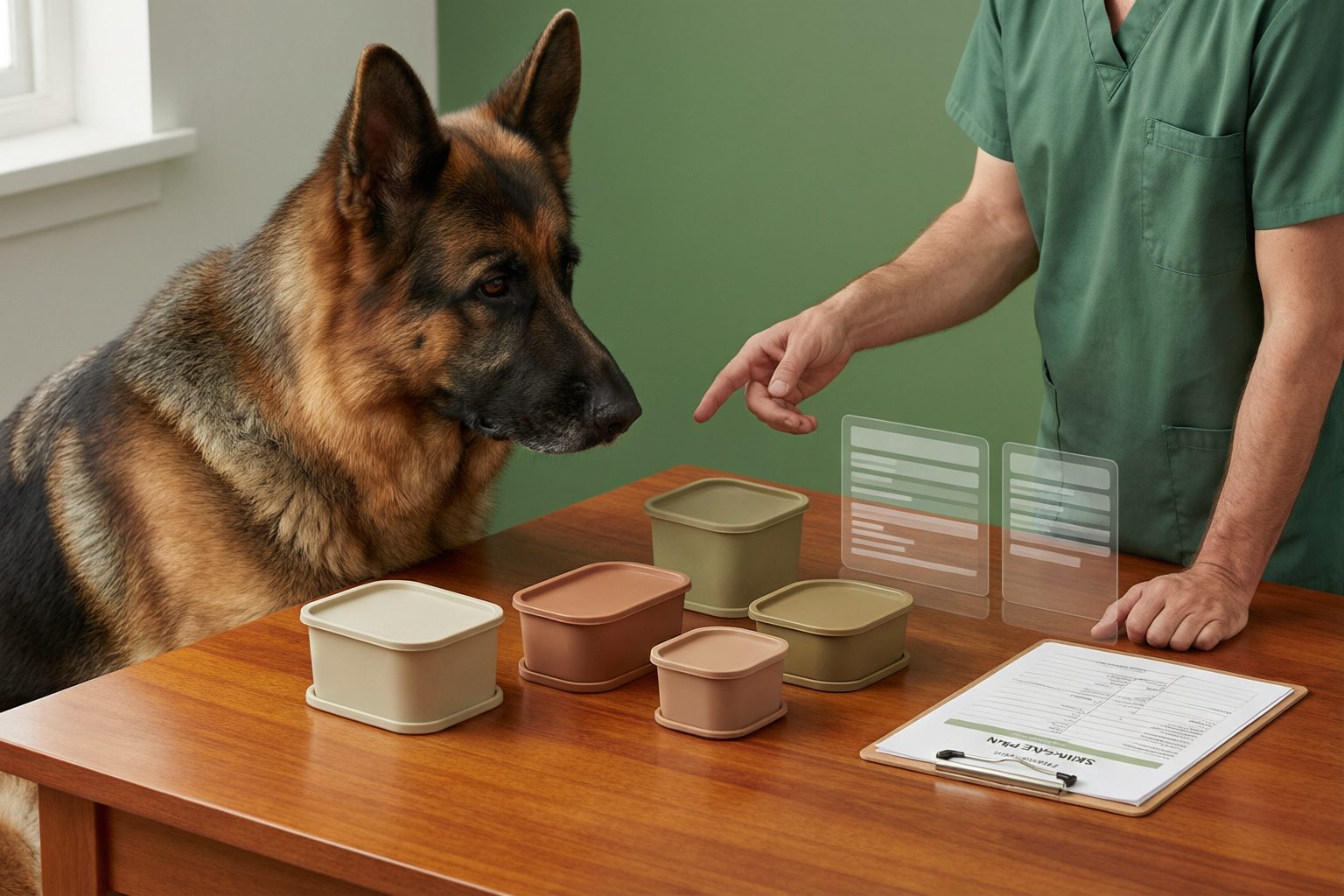 Illustration of a German shepherd beside a veterinary worker comparing plain tubs and illustrated label panels, with skin-care paperwork nearby.