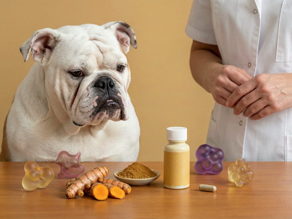 Illustration of a bulldog beside turmeric roots and powder, a plain bottle, a capsule, and translucent abstract molecular forms.