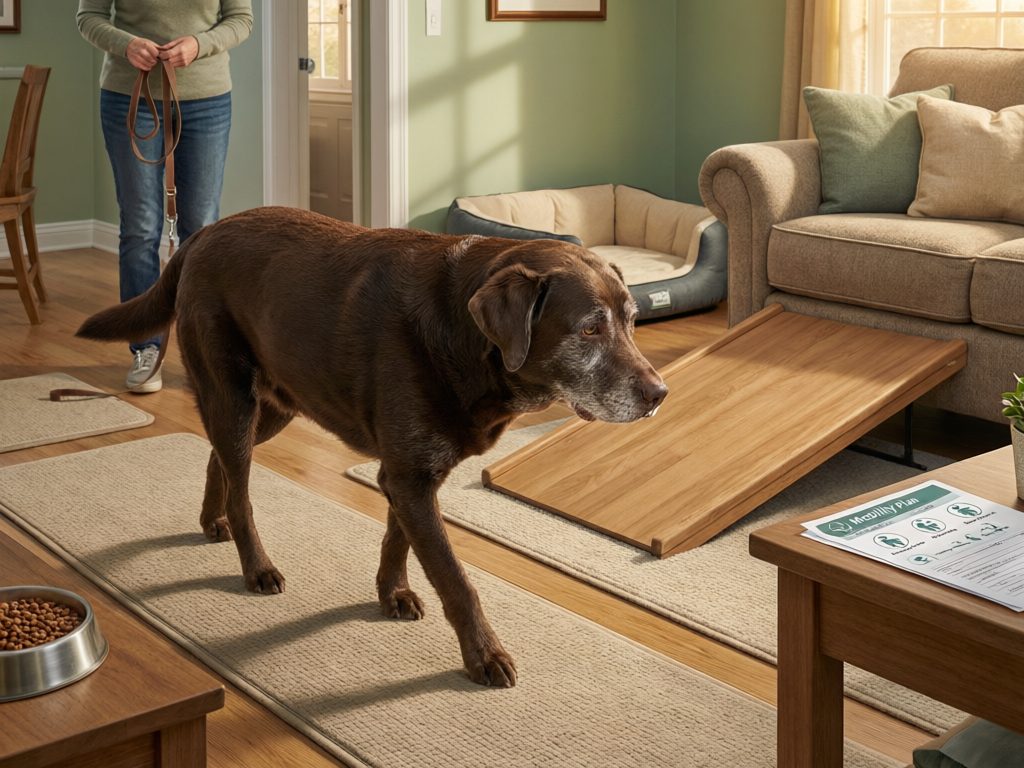 Illustration of an older chocolate Labrador on a floor runner beside a sofa ramp and dog bed, with a caregiver holding a leash and mobility-plan sheet.