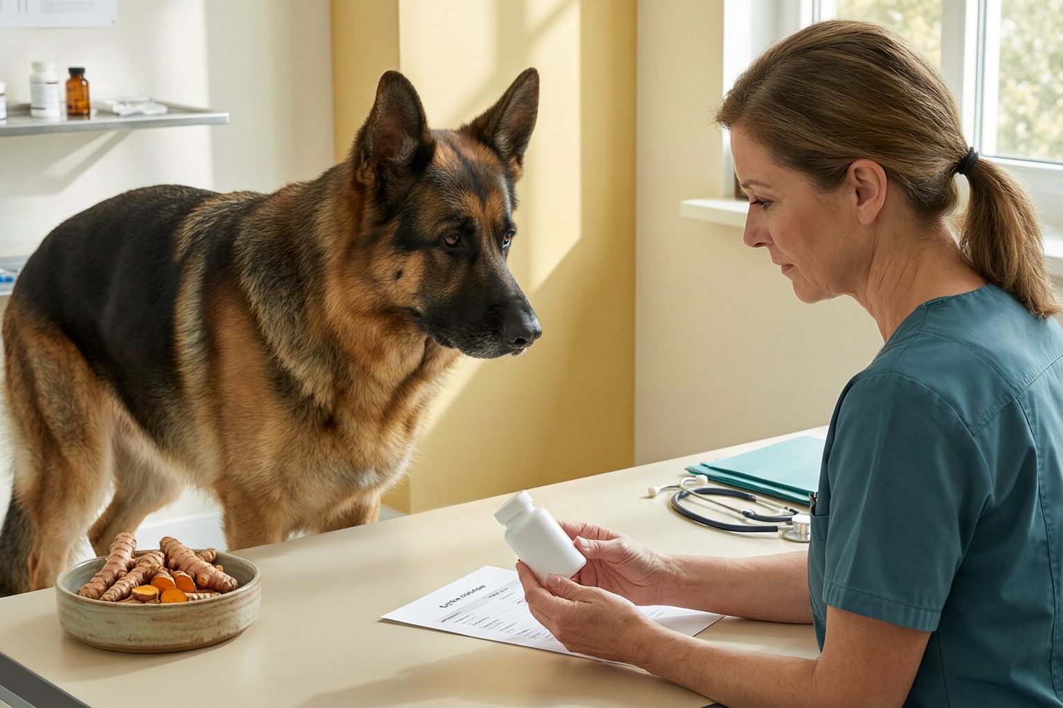 Illustration of a German shepherd beside a veterinary worker reviewing a bottle, with turmeric roots and paperwork on the table.