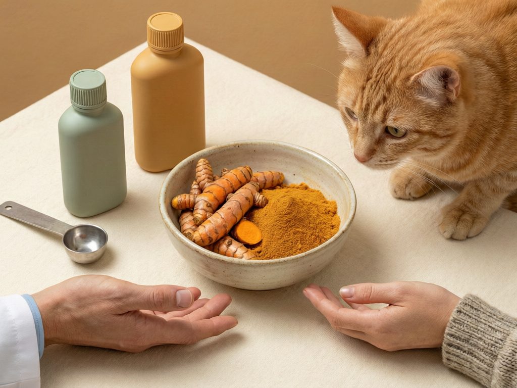 Illustration of an orange cat looking toward turmeric roots and powder, with two plain bottles, a measuring spoon, and gesturing hands nearby.