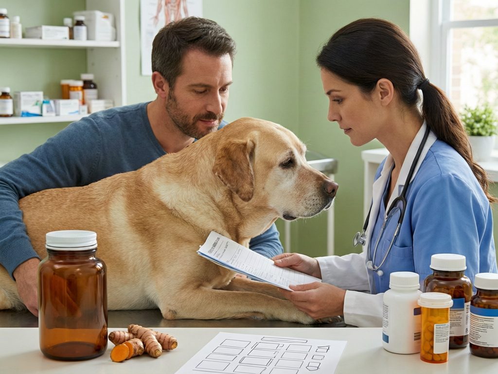 Illustration of a veterinarian reviewing paperwork with an owner and dog, with several bottles and turmeric roots on the table.