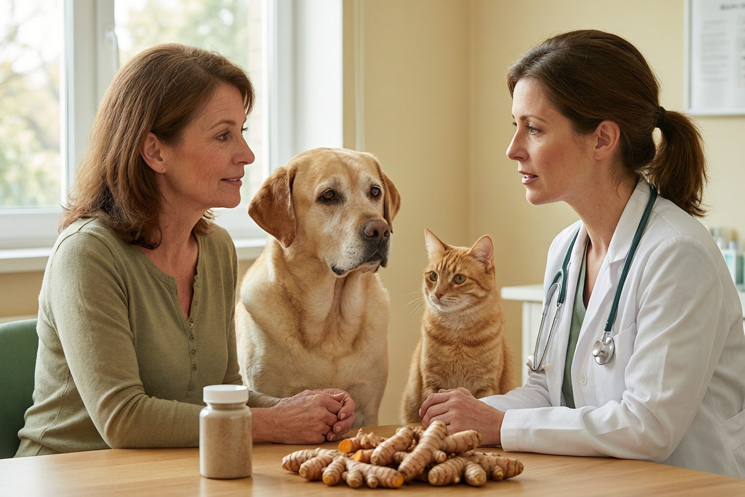 Illustration of a dog and orange cat beside an owner and veterinarian, with turmeric roots and a jar on the table.