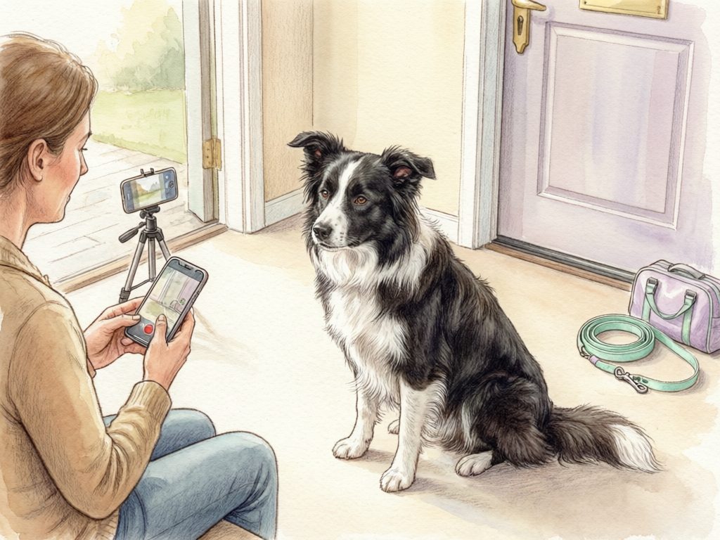 Illustration of an owner using a phone beside a black-and-white dog, a tripod-mounted phone, and a leash near the door.