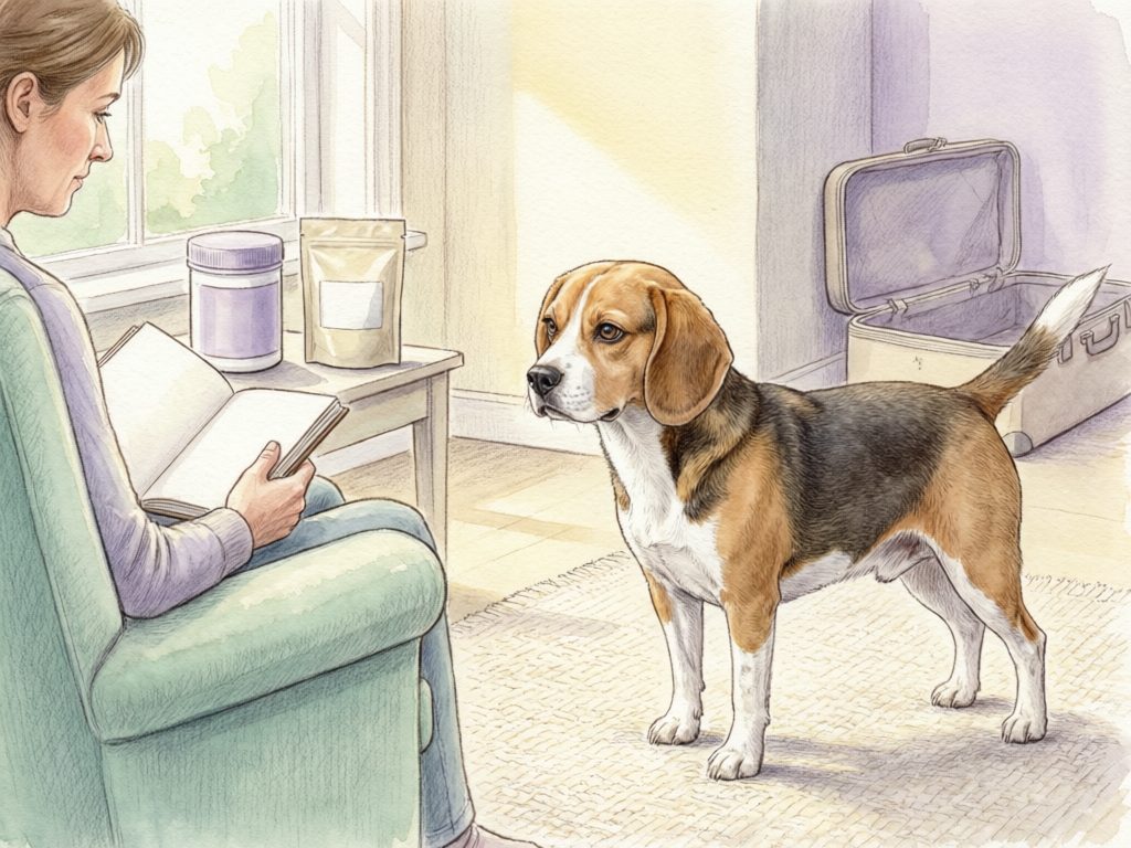 Illustration of an owner holding an open notebook beside a standing beagle, plain supplement packages, and an open suitcase.