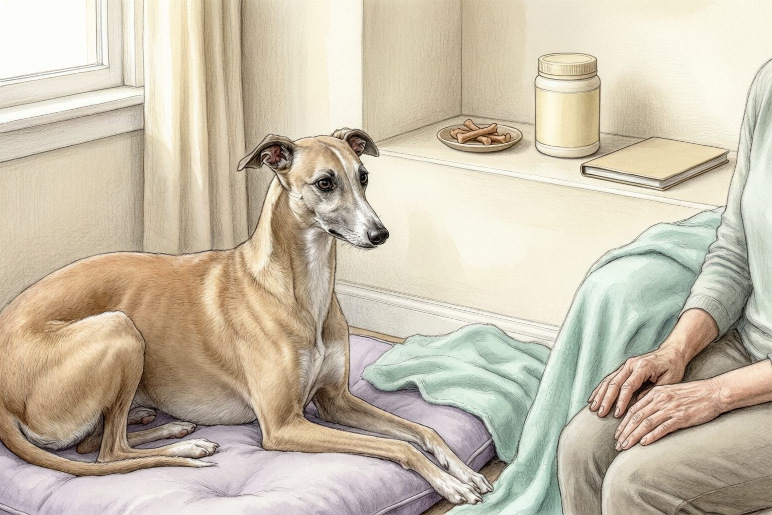 Illustration of a whippet resting beside an owner, with a plain container, notebook, and bone-shaped chews nearby.