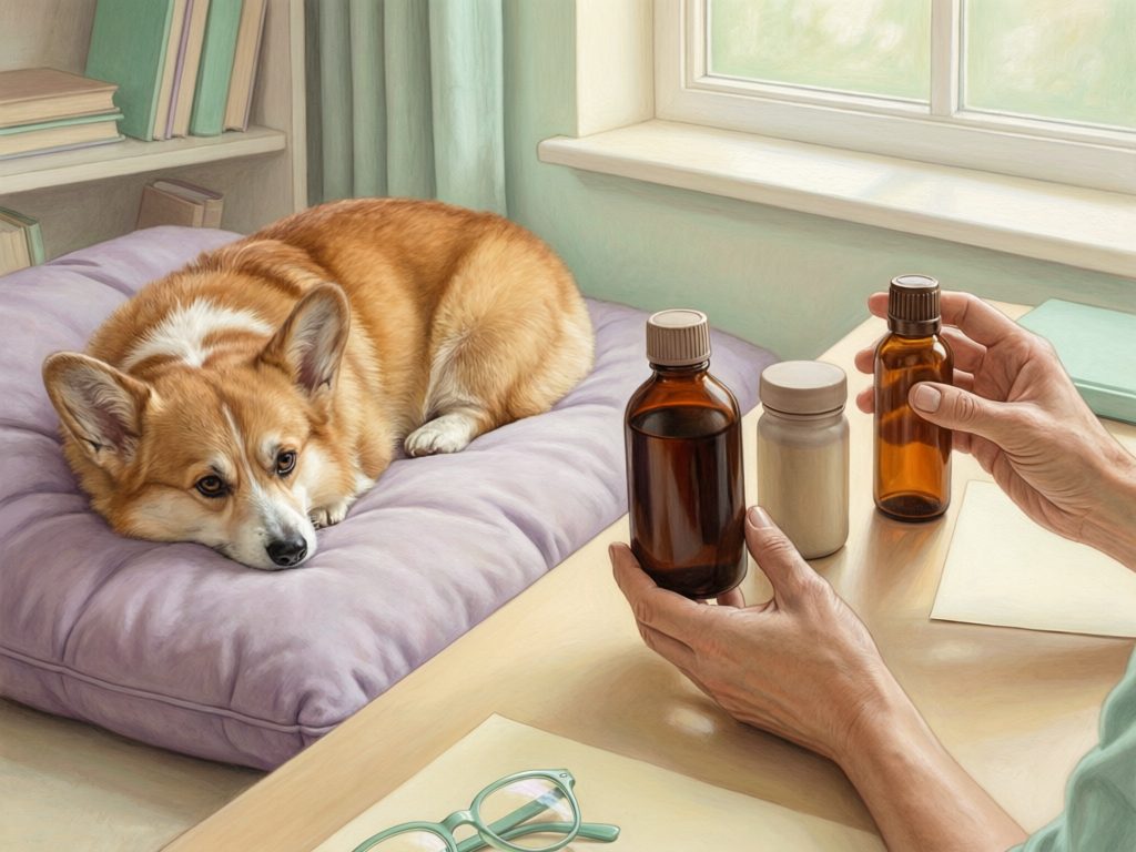 Illustration of a person comparing amber and white bottles while a corgi rests on a cushion nearby.