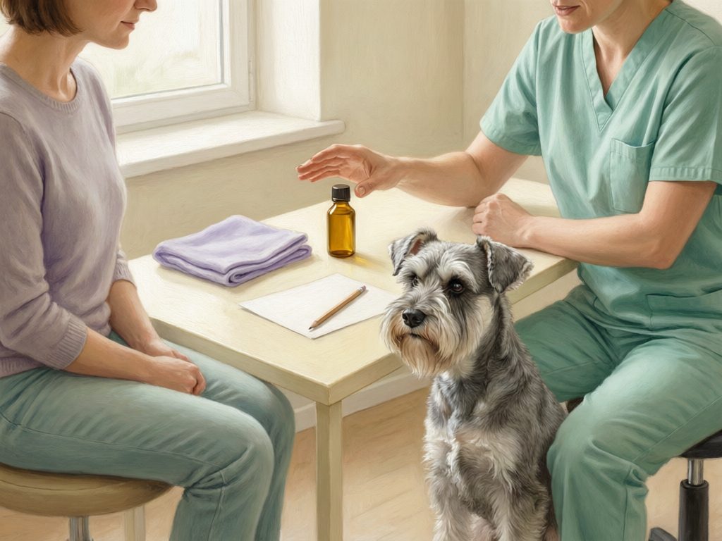 Illustration of a veterinary professional and a dog owner seated with a schnauzer beside an amber bottle and a notepad.