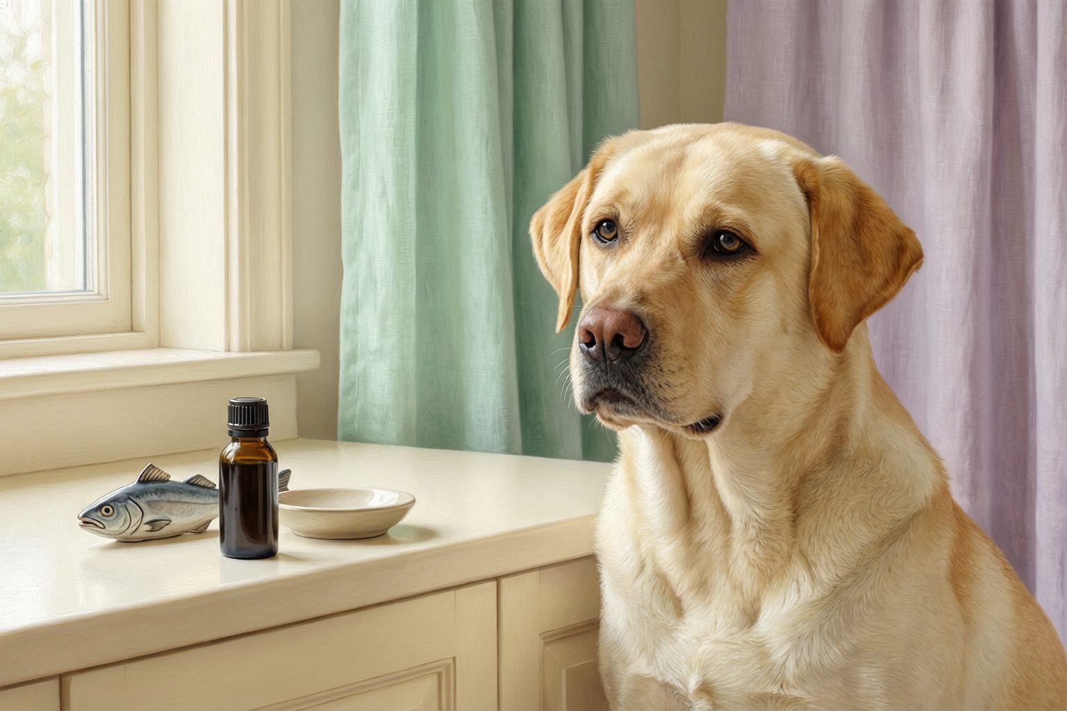 Illustration of a yellow Labrador beside an amber bottle, a shallow bowl, and a fish-shaped ornament.