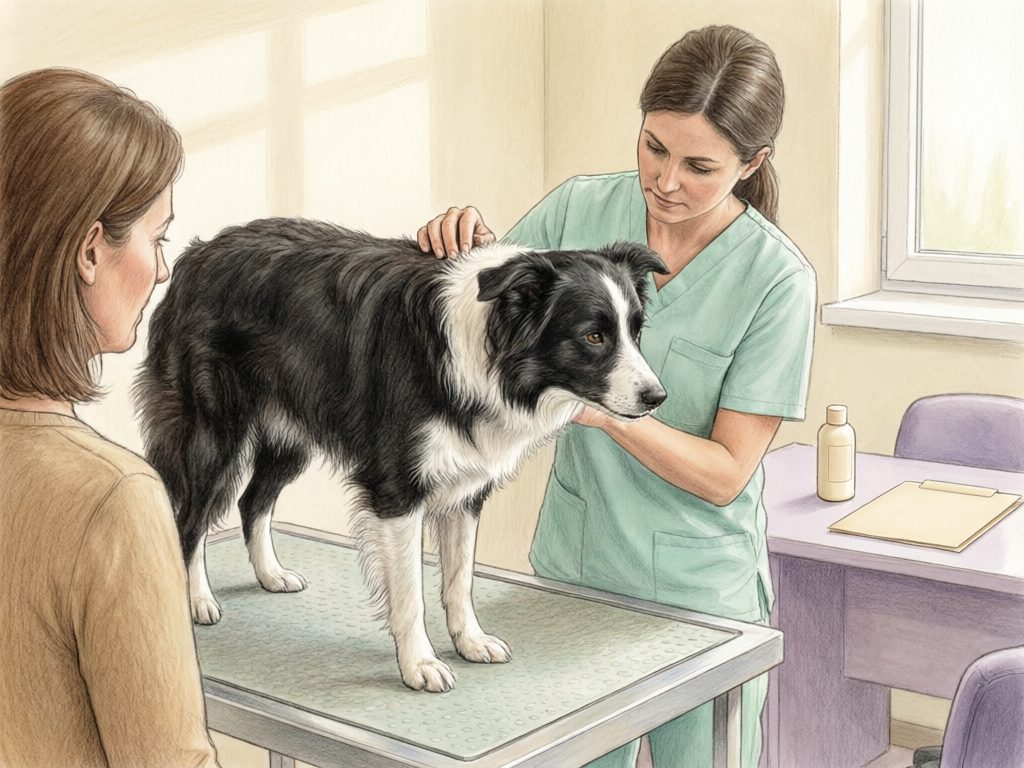 Illustration of a veterinary worker examining a black-and-white dog on a clinic table while its owner watches, with a plain bottle and clipboard nearby.