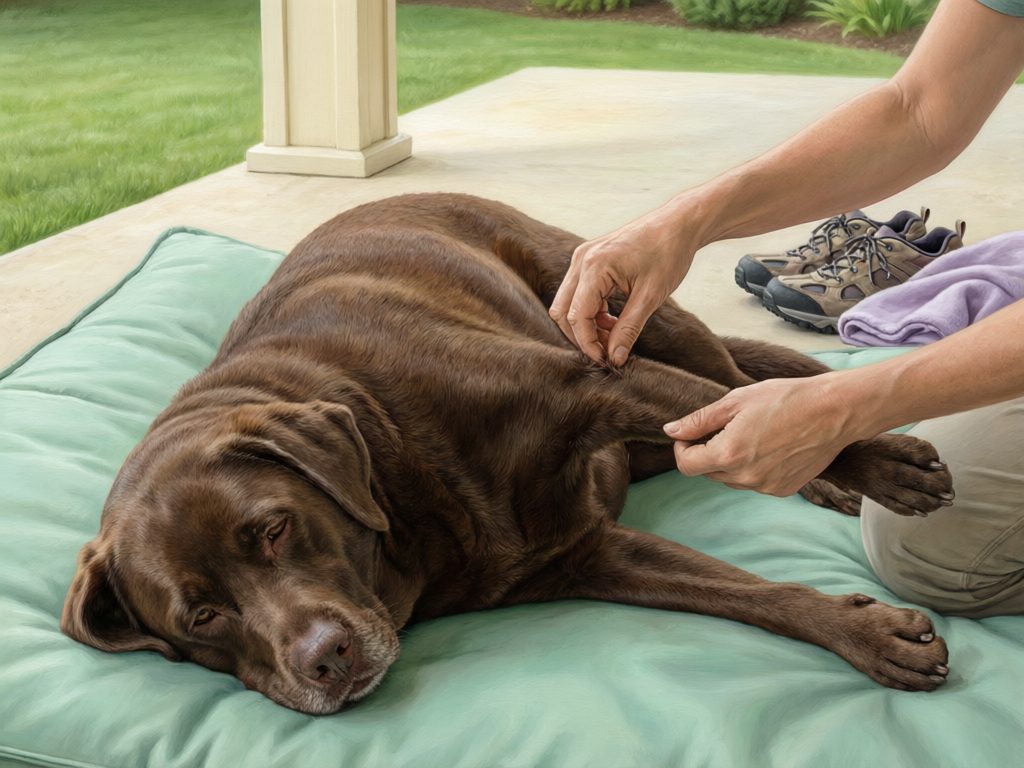 Illustration of a person parting the coat of a chocolate Labrador lying on a cushion on a porch, with walking shoes nearby.