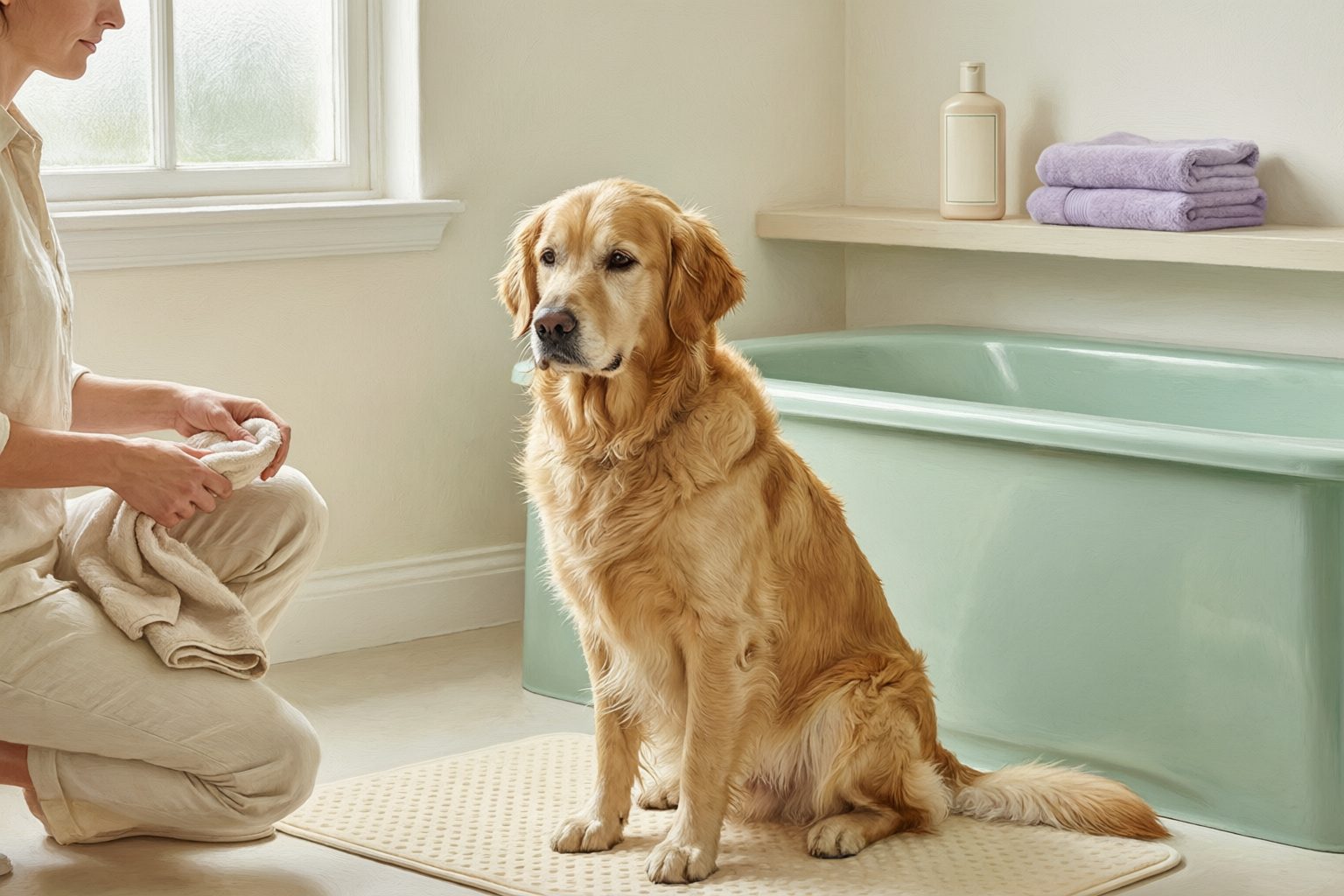 Illustration of a golden retriever on a bathroom mat beside a caregiver holding a towel, with a bathtub, plain bottle, and folded towels nearby.