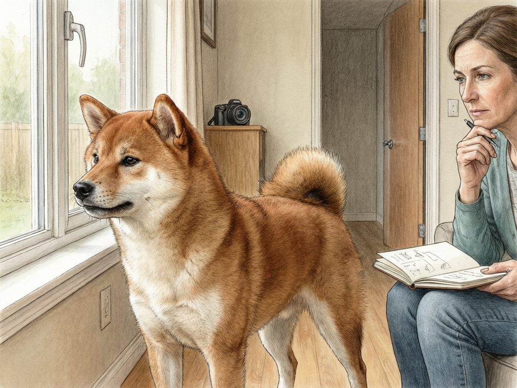 Illustration of a red dog watching a window while a person holds a notebook, with a camera in the room.